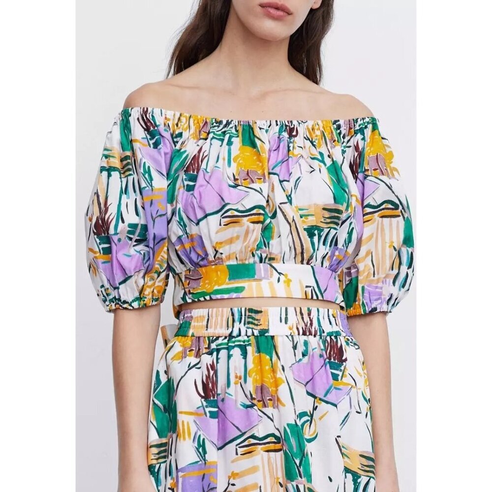 Urban Revivo Women's Abstract Print Top Purple Green Tie Size 4 NWT